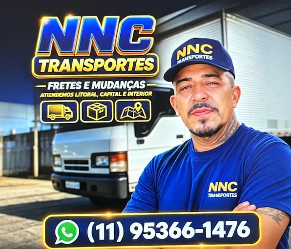Nelson, proprietário da NNC Transportes, de uniforme em frente ao caminhão da empresa
